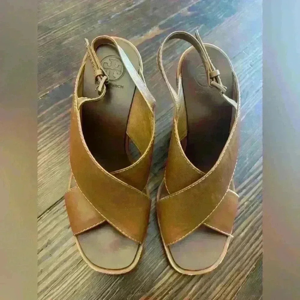 Tory Burch Women's 6M Gabrielle Royal Tan Leather Wedge Sandals Shoes 42965